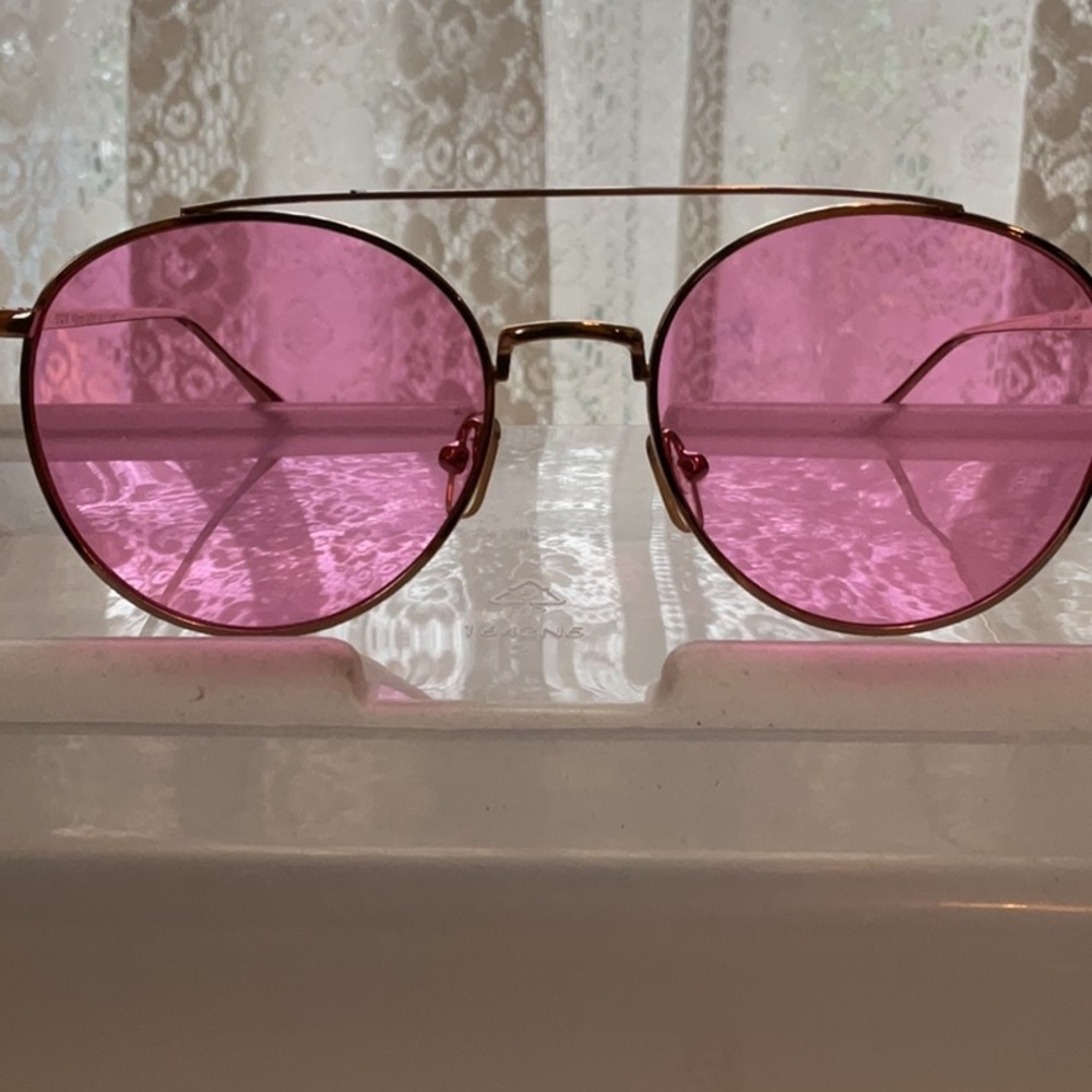 Sunglasses- Pink lenses, gold-tone frame, aviator shape